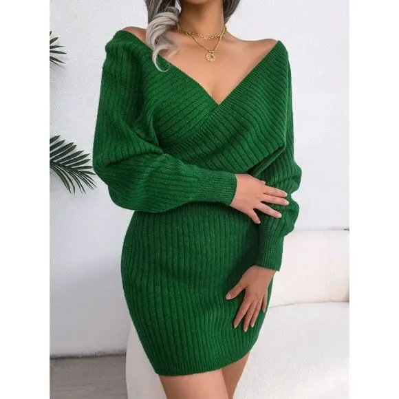 Green Rib-Knit Sweater Dress - Picture 3 of 8